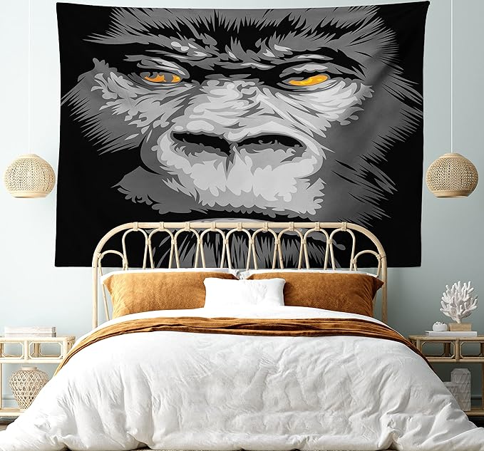 Ambesonne Modern Tapestry, Close up Gorilla Portrait with Orange Eyes Zoo Jungle Animal Wild Money Graphic, Fabric Wall Hanging Decor for Bedroom Living Room Dorm, 23" X 28", Grey Marigold