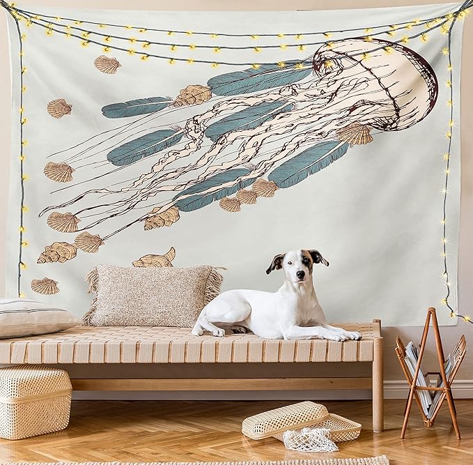 Ambesonne Jellyfish Tapestry, Boho Feather Tentacles Shells Vintage Art Print Under the Sea Tribal Fish, Fabric Wall Hanging Decor for Bedroom Living Room Dorm, 28" X 23", Beige Brown