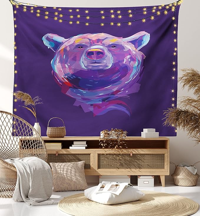 Ambesonne Bear Tapestry, Abstract Portrait with Digital Brushstrokes Wildlife Mascot Display, Wall Hanging for Bedroom Living Room Dorm Decor, 40" X 60", Purple Pink Sky Blue
