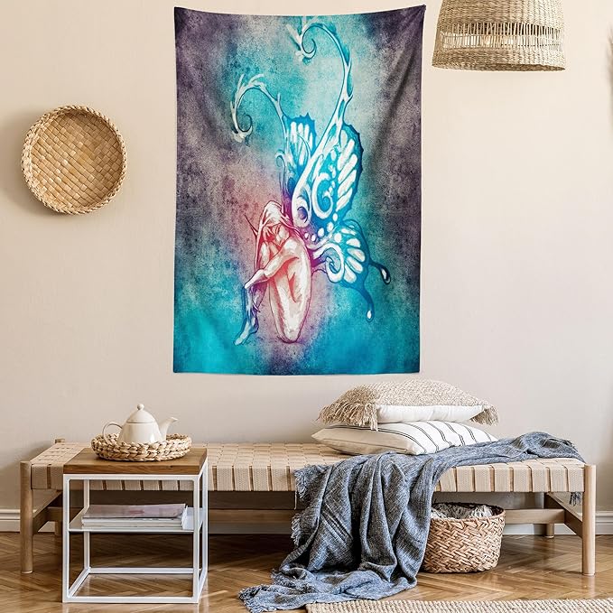 Ambesonne Butterfly Tapestry, with Butterfly Wings Renewal Female Rebirth Psyche Lightness of Being, Wall Hanging for Bedroom Living Room Dorm Decor, 60" X 80", Blue Purple