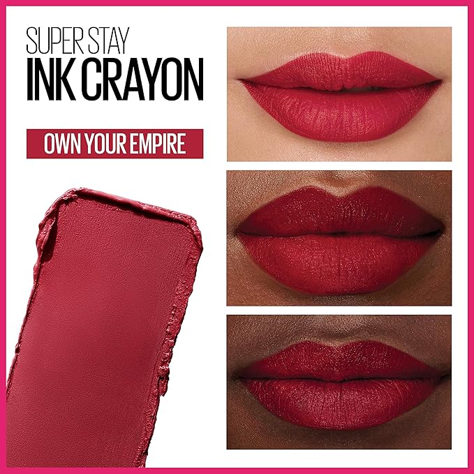 Maybelline Super Stay Ink Crayon Lipstick Makeup, Precision Tip Matte Lip Crayon with Built-in Sharpener, Longwear Up To 8Hrs, Own Your Empire, Blue Red, 1 Count