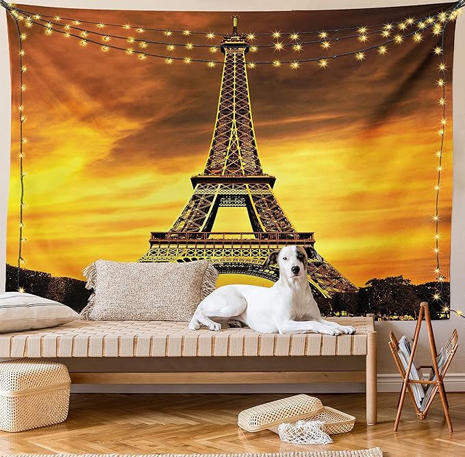 Ambesonne Eiffel Tower Tapestry Queen Size, Paris Love City Monument in Dramatic Sunrise Picture of French Landmark, Wall Hanging Bedspread Bed Cover Wall Decor, 88" X 88", Yellow Brown