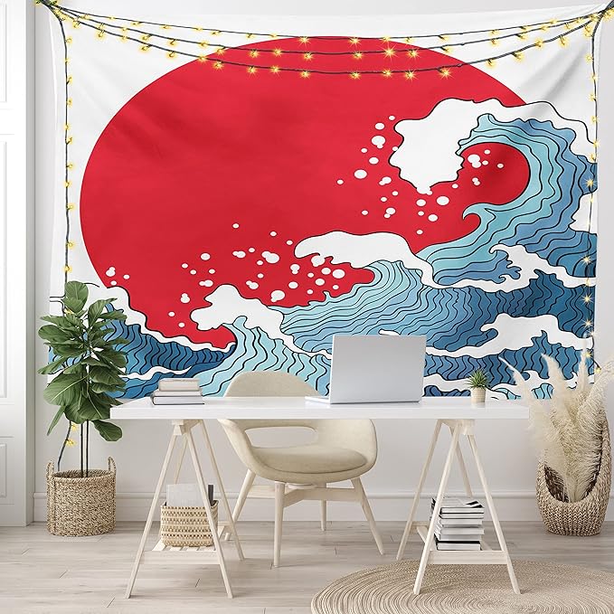 Ambesonne Japanese Wave Tapestry Twin Size, Big Red Sun Setting Scenery Tropical Nautical Tsunami Swirls, Wall Hanging Bedspread Bed Cover Wall Decor, Twin Size, Red Blue White