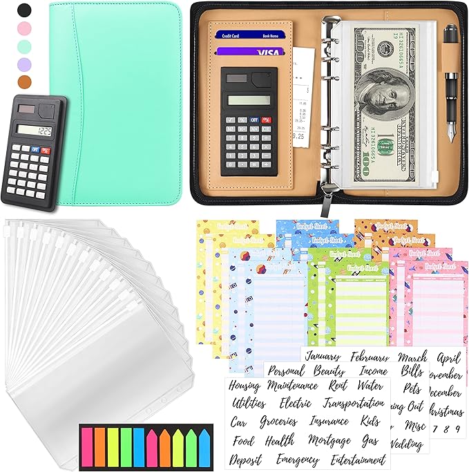 Budget Binder with Zipper Envelopes, Cash Envelopes for Budgeting, A6 PU Leather Budget Planner 2026 with Cash Envelopes Calculator, Bill Money Organizer for Cash Saving Budget System Wallet