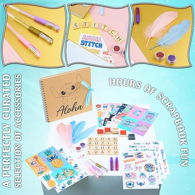 Disney Stitch Scrapbook Supplies Set for Girls Teenagers DIY Scrapbooking Supplies Arts Craft Kit with Stickers Stamps Glitter Gel Pens Journal Stitch Gifts
