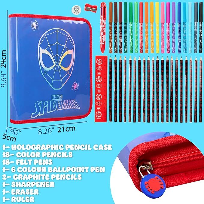 Marvel Spiderman Pencil Case with Colored Pencils Markers School Supplies Set Pen Holder Stationery Art Kit Gifts for Boys (Blue)