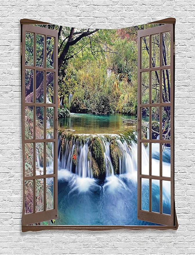 Ambesonne Waterfall Tapestry, Wide Waterfall Deep down in the Forest Seen from a City Window Epic Surreal Print, Wall Hanging for Bedroom Living Room Dorm Decor, 60" X 80", Brown Black