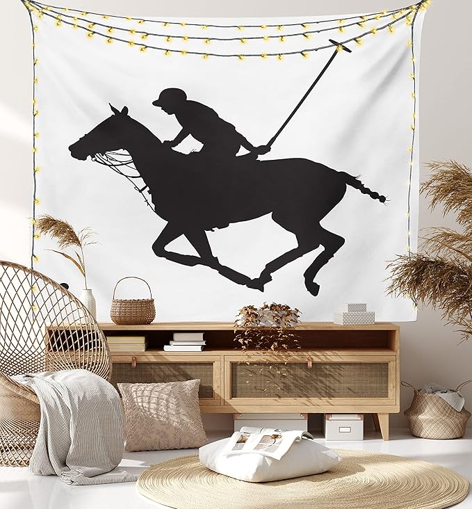 Ambesonne Sports Tapestry Twin Size, Silhouette Illustration of Polo Player on a Horse Hitting a Ball Print, Wall Hanging Bedspread Bed Cover Wall Decor, Twin Size, Charcoal Grey