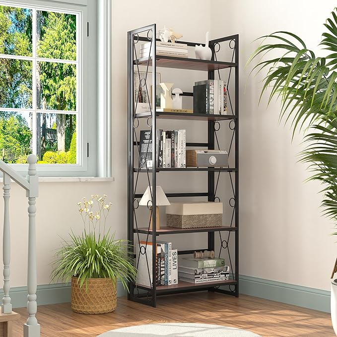 VECELO Folding Bookshelf, 5 Shelf Bookcase No Assembly, Industrial Metal Frame Shelves Rack Organizer for Living Room, Office,Walnut 1 Set