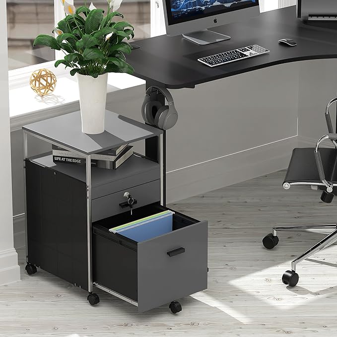 SHW Box File Rolling Mobile Cabinet with Open Shelf and Lockable Drawer, Gray