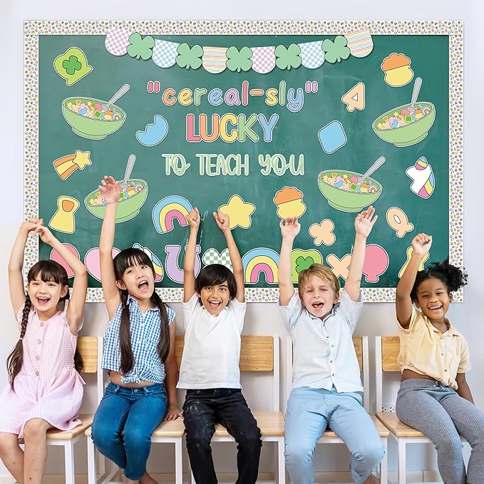 St. Patrick's Day Bulletin Board - 137pcs Cereal-sly Lucky Charms Cutout with Banner Decor Set, Shamrock Rainbow Clover Chalkboard Classroom Wall Accents Ideas Kits for Irish Day Party Supplies