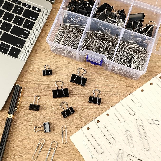 SANNIX 500Pcs Paper Clips and Binder Clips Assorted Sizes, Silver Paper Clips Black Binder Clips with Large Medium Small Size in Container for Office Home School Supplies Document Organizing