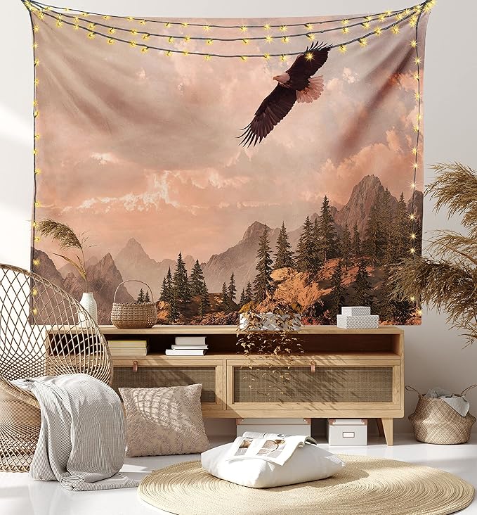 Ambesonne Eagle Tapestry Queen Size, Nature Photography of Rocky Mountains and Forest a Bird Flying over It, Wall Hanging Bedspread Bed Cover Wall Decor, 88" X 88", Rose Green