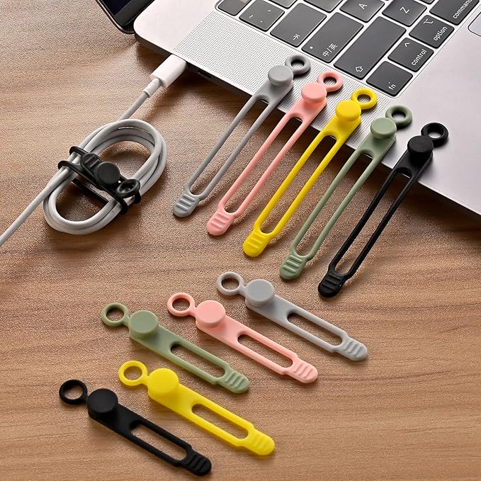 10Pcs Reusable Silicone Cable Ties – Adjustable Cord Organizer with Locking Buckle, Elastic Cable Straps for Earphones, Chargers, PC Wires – Colorful Wire Wraps for Home, Office, Travel