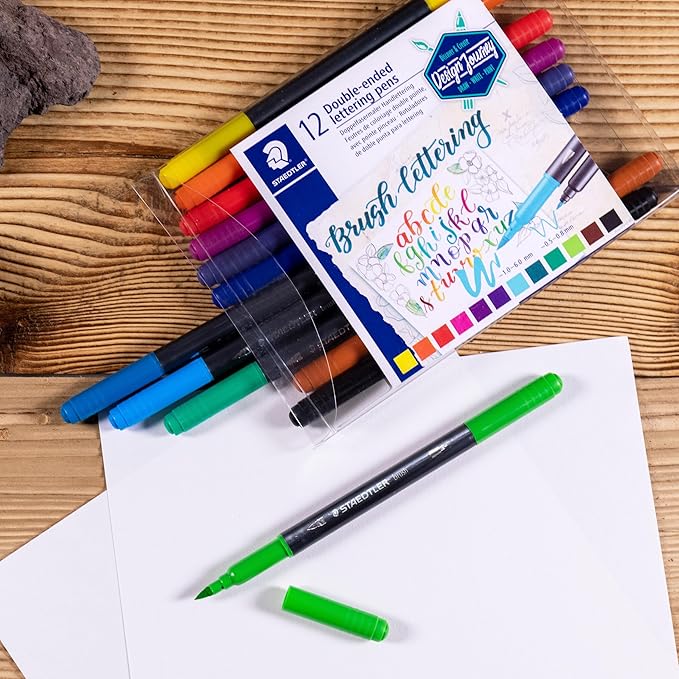 Staedtler Double-ended Brush Marker Brush Letter Duo, Creative Lettering, Flexible and Fine Tip, Blendable Ink, Set of 12 Assorted Colors, 3004TB12A6