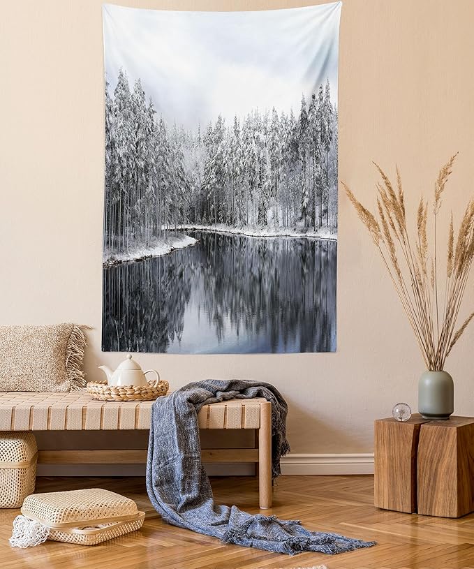 Ambesonne Woodland Tapestry Twin Size, Lake Surrounded by Snow Covered Trees on a Cold Winter Day in Finland Reflections, Wall Hanging Bedspread Bed Cover Wall Decor, 68" X 88", White Brown