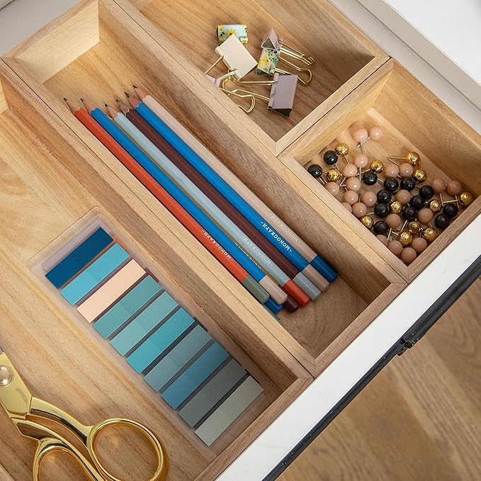 Martha Stewart Enzo Wooden Desk Drawer Organizer Set, Paulownia Wood Organizers in Various Sizes, 6 Piece, Light Natural