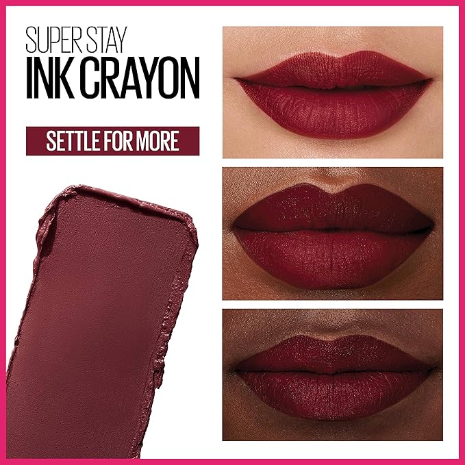 MAYBELLINE Super Stay Ink Crayon Lipstick Makeup, Precision Tip Matte Lip Crayon with Built-in Sharpener, Longwear Up To 8Hrs, Settle For More, Berry Wine Purple, 1 Count