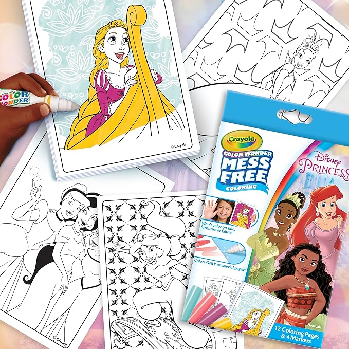 Crayola Color Wonder Disney Princess Mini Box Set, 12 Coloring Pages & 4 Mess Free Markers, Toddler Coloring, Gift for Girls & Boys, 3+