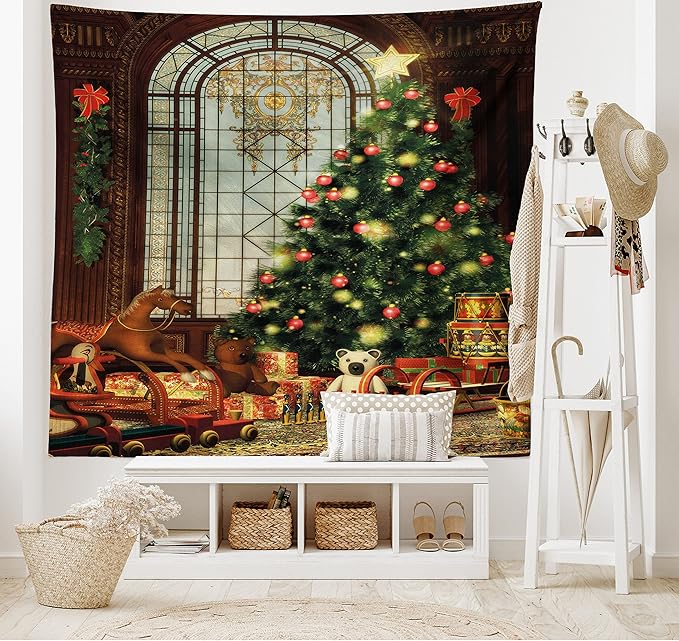 Ambesonne Christmas Tapestry King Size, Vintage Ambiance Big Old Fashioned Window Xmas Tree Various Presents, Wall Hanging Bedspread Bed Cover Wall Decor, King Size, Brown Red Green