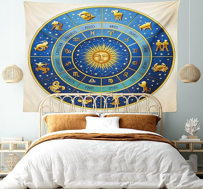 Ambesonne Astrology Tapestry Queen Size, Wheel of Astrological Signs Names Dates Moon Sun in Middle, Wall Hanging Bedspread Bed Cover Wall Decor, Queen Size, Blue Yellow and Cream
