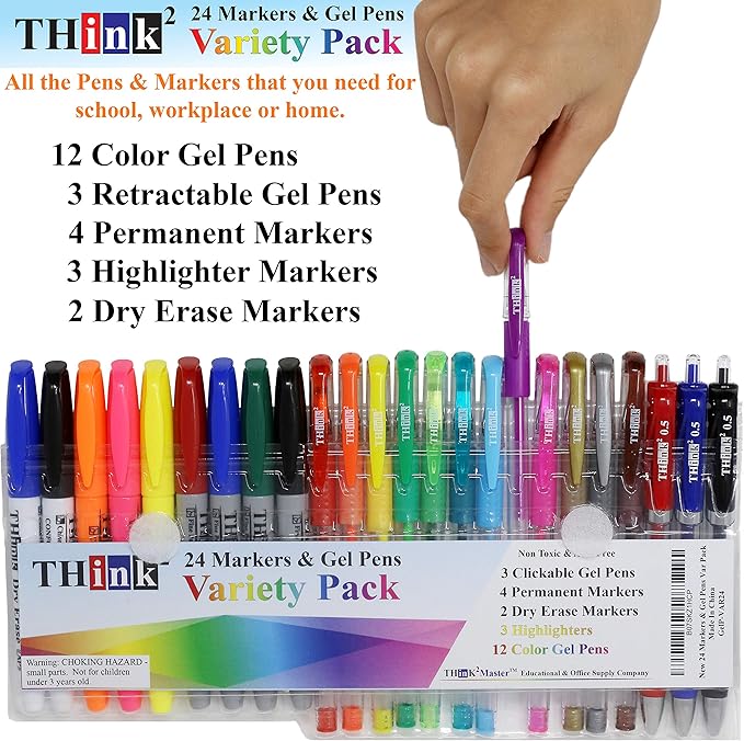 [24 Pack] Think2 Pens & Markers Supply Kit. Includes 3 Highlighter, 4 Permanent Markers, 2 Dry Erase Markers, 12 Color Gel Pens and 3 Retractable gel pens Supplies