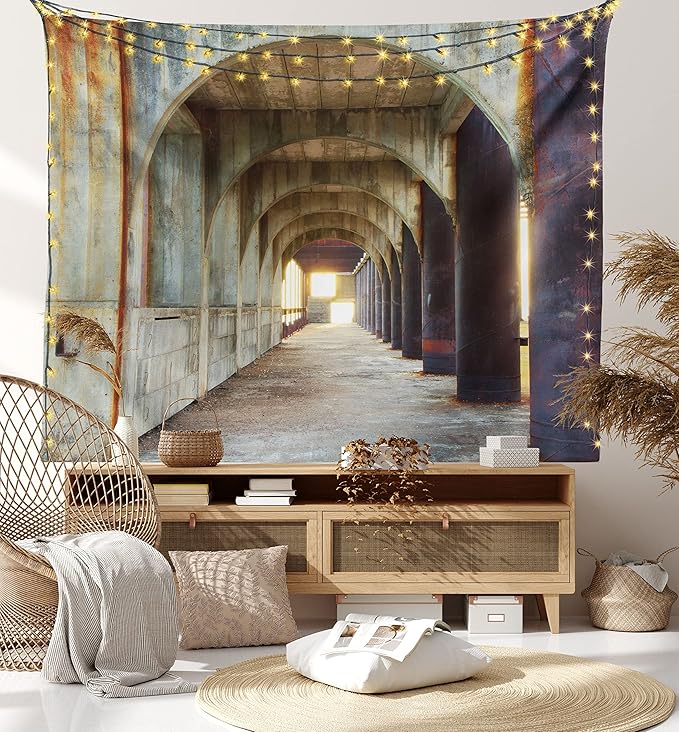 Ambesonne Urban Tapestry, Corridor of Concrete Pillars Structure Urban Industrial Rustic Style Art, Fabric Wall Hanging Decor for Bedroom Living Room Dorm, 28" X 23", Brown Purple