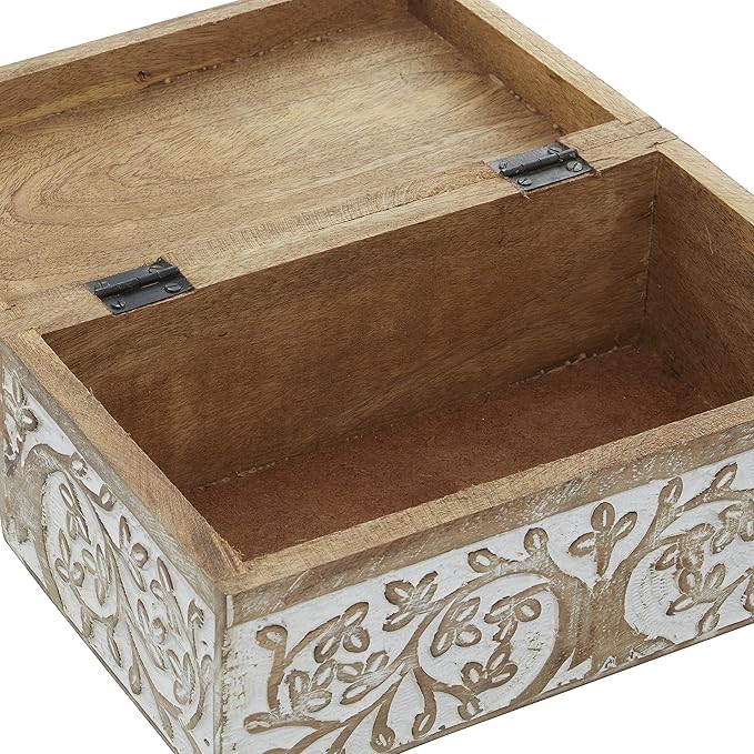 Deco 79 Mango Wood Floral Decorative Box Decorative Keepsake Boxes with Hinged Lid, Set of 3 Storage Boxes 8", 10", 12"W, Brown