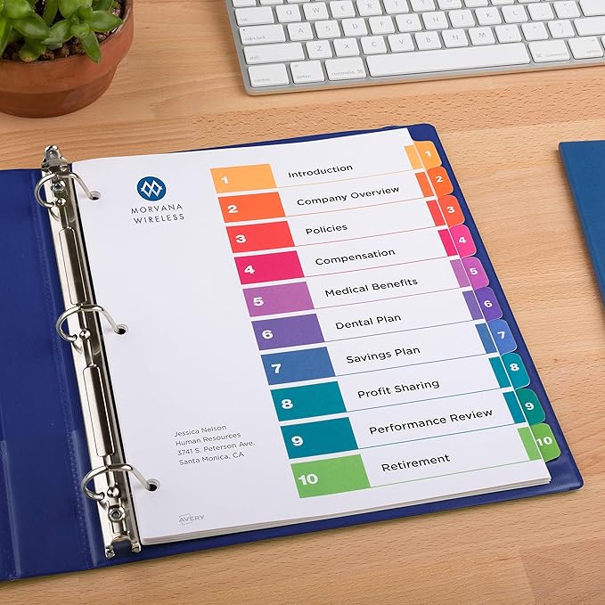 Avery Dividers for 3 Ring Binders, 10 Tabs per Set, Customizable Table of Contents, Multicolor Tabs, Great for Organizing Reports, Projects, and More (11135)