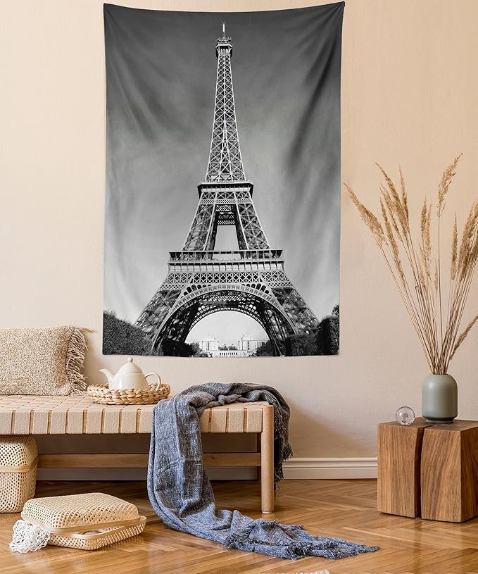 Ambesonne Eiffel Tower Tapestry, Paris Landmark Monochrome Picture of Cityscape European Urban Famous Place Image, Fabric Wall Hanging Decor for Bedroom Living Room Dorm, 30" X 45", Grey