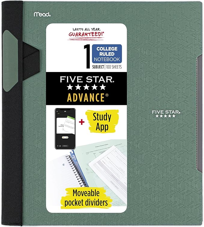 Five Star Advance Spiral Notebook + Study App, 1 Subject, College Ruled Paper, 8-1/2" x 11", 100 Sheets, Spiral Guard, Movable Tabbed Dividers, Seaglass Green (820012C-ECM)