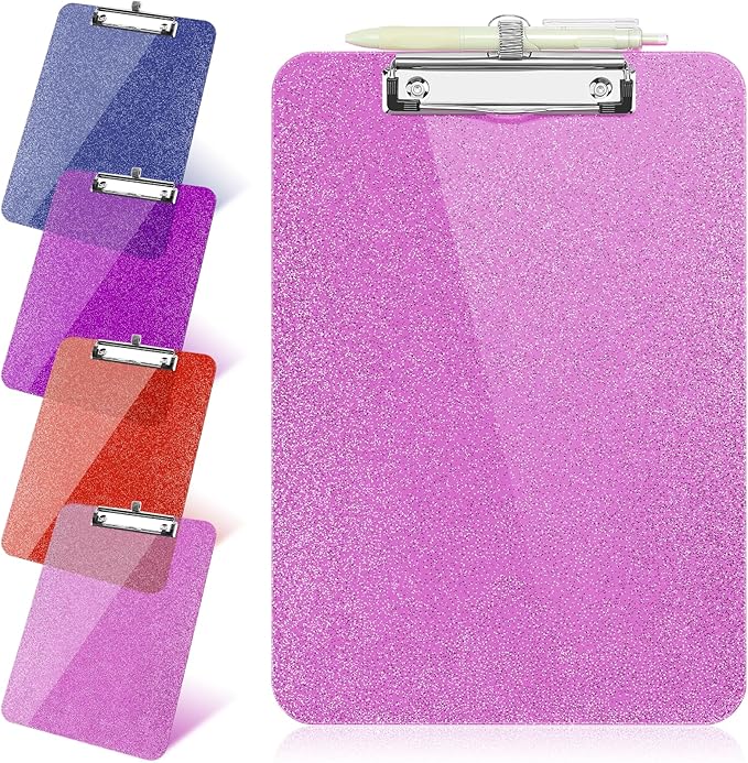 1 Pcs Clear Glitter Clipboards, Plastic Clipboard with Pen Holder,Size 8.85 x 12.4 in Shiny Clipboards with Low Profile Clip,Cute Hanging Clipboard for Office Supplies Sparkly Clip Board-Rose Pink