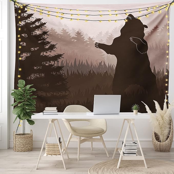 Ambesonne Nature Tapestry, Silhouette of Wild Bear in the Jungle Woodland at Dark Night Illustration, Fabric Wall Hanging Decor for Bedroom Living Room Dorm, 28" X 23", Army Green Pale Peach