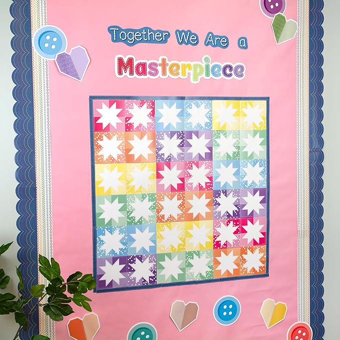 Carson Dellosa Crafty and Cool 54-Piece Together We are a Masterpiece Motivational Bulletin Board Set, Colorful Quilt Squares and Denim Strips Classroom Decor