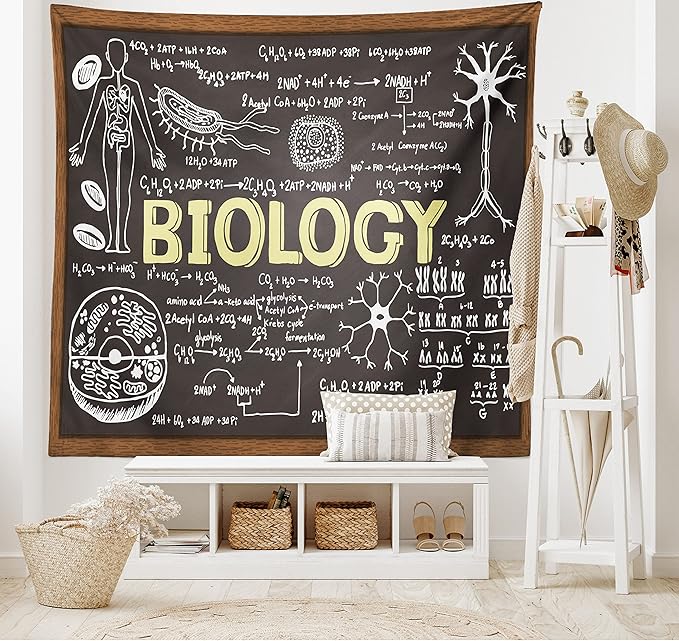 Ambesonne Science Tapestry, Chalkboard Biology Hand Written, Wide Wall Hanging for Bedroom Living Room Dorm, 60" X 40", Black Brown Pale Yellow