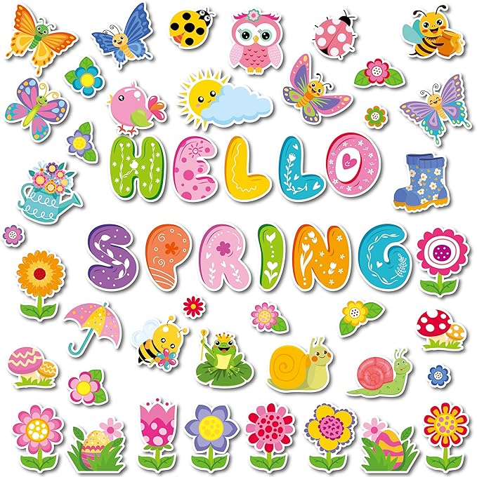 70 Pcs Hello Spring Bulletin Board Decorations - Colorful Hello Spring Cut-Outs Cute Flower Butterfly Bird Bee Bulletin Border Wall Decals for Kids DIY Craft School Classroom Decor