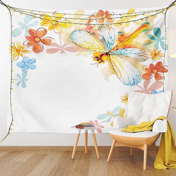 Ambesonne Dragonfly Tapestry King Size, Abstract Grunge Vintage Design Moth Spring Flowers Floral Frame Art Print, Wall Hanging Bedspread Bed Cover Wall Decor, 104" X 88", Yellow Orange