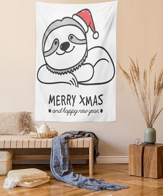 Ambesonne Sloth Tapestry, Smiling Animal Christmas Hat Merry Xmas and Happy New Year Celebration, Wall Hanging for Bedroom Living Room Dorm Decor, 40" X 60", Grey Red Black