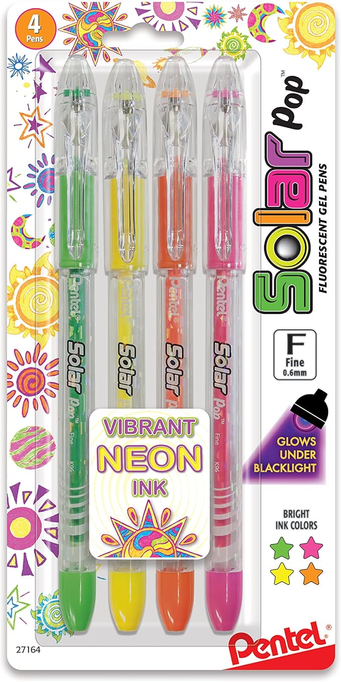 Pentel Solar Pop Neon Gel Pen, 0.6mm Fine Line, Assorted Colors, Pack of 4 (K96BP4M)