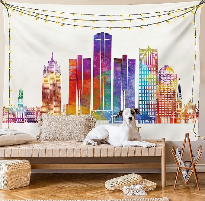Ambesonne Detroit Tapestry King Size, Vibrant Colored Abstract Skyscrapers Modern Architecture Watercolor Style Landmarks, Wall Hanging Bedspread Bed Cover Wall Decor, 104" X 88", Ivory