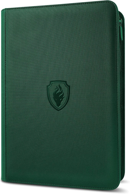 Premium Zip Card Binder, Fabmaker 9 Pocket Trading Card Binder, PU Cover Zipper Card Collection Album, Sturdy 360 Side-Loading Card Folder Holder for Game & Sports Cards, Dark Green