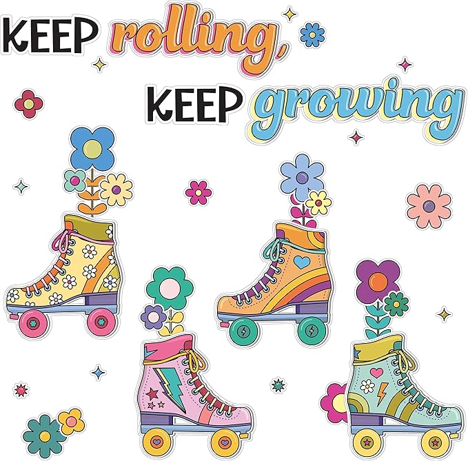 Happily Ever Elementary Retro Remix 103-Piece Motivational Bulletin Board Set, Roller Skates, Flowers, and More Groovy Bulletin Board Decorations for Classroom Decor