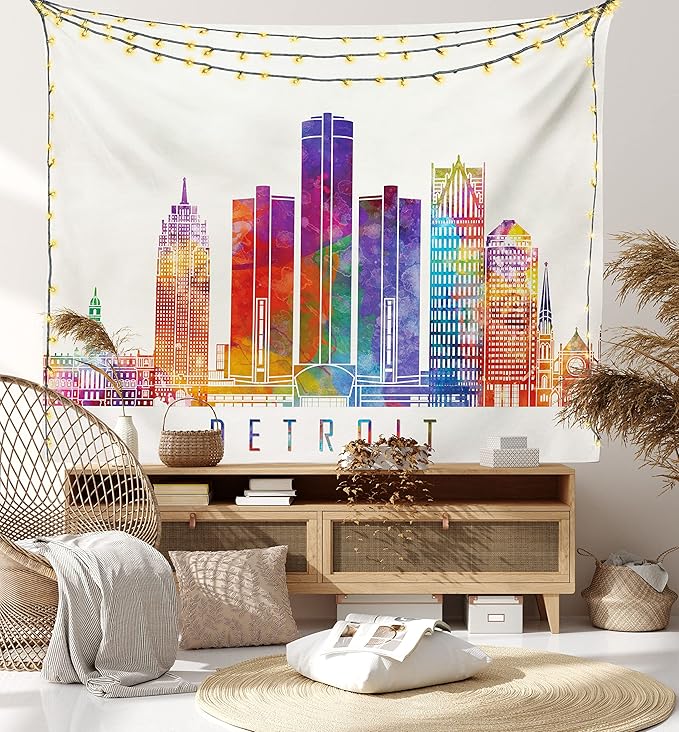 Ambesonne Detroit Tapestry Twin Size, Vibrant Colored Abstract Skyscrapers Modern Architecture Watercolor Style Landmarks, Wall Hanging Bedspread Bed Cover Wall Decor, 68" X 88", Ivory