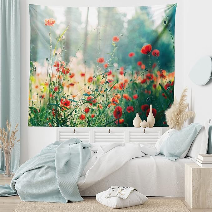 Ambesonne Nature Tapestry King Size, Wild Red Poppy Flowers Field Summertime Sunbeams Gardening Bedding Plants, Wall Hanging Bedspread Bed Cover Wall Decor, 104" X 88", Red Green Yellow