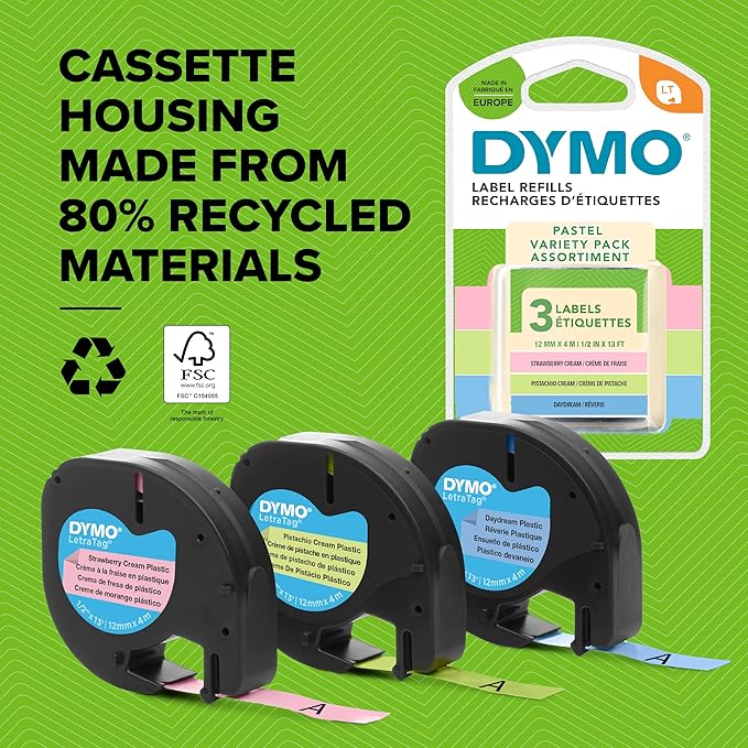 DYMO Original LetraTag Pastel Labels | Plastic | 12mm x 4m | Pistachio Green, Light Blue & Pink | Self-Adhesive Label Tape | for LetraTag Labelling Machine | 3 Label Cartridges