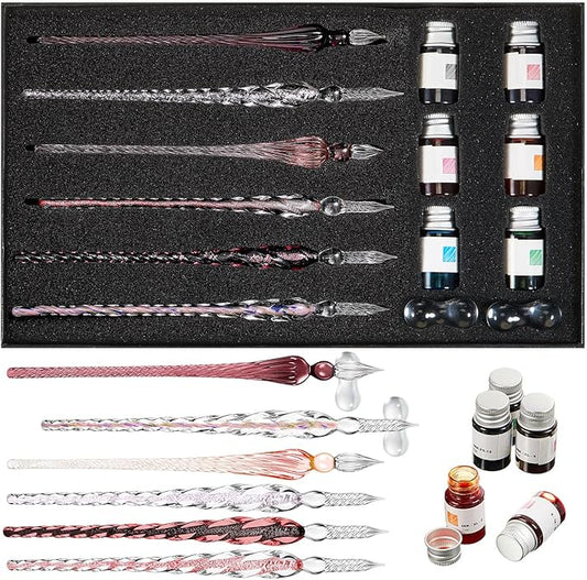 Zonon Glass Dipped Pen Ink Set 14 Pcs Include 6 Pcs Glass Dip Pen, 6 Colorful India Ink and 2 Holder Crystal Signature Calligraphy for Art, Writing, Gift(Purple Pink Color System)