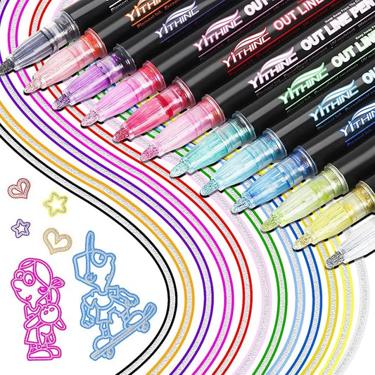 Outline Shimmer Markers, Tween Teen Girl Gifts Trendy Stuff, 12 Glitter Metallic Gel Pens Coloring, Arts and Crafts Drawing Supplies Kits Birthday Gift for Kids Girls Ages 4, 6, 8, 10, 12 Year Old