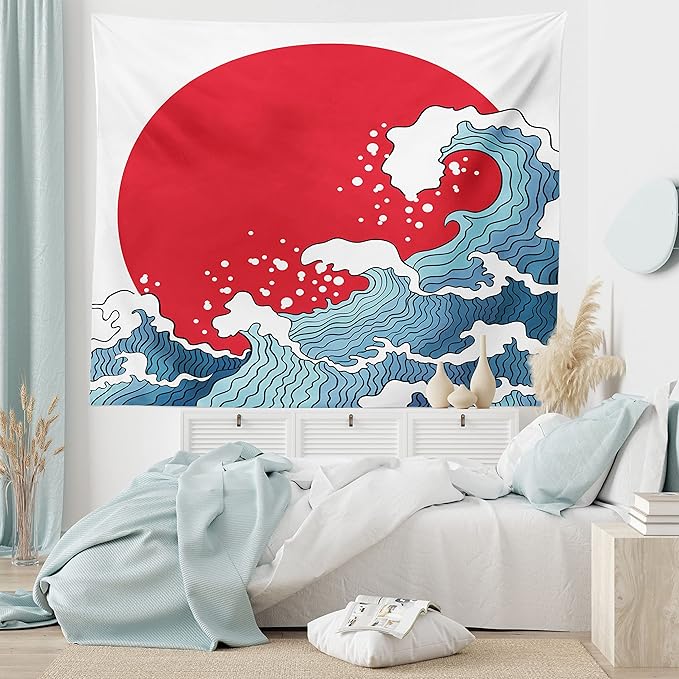 Ambesonne Japanese Wave Tapestry Twin Size, Big Red Sun Setting Scenery Tropical Nautical Tsunami Swirls, Wall Hanging Bedspread Bed Cover Wall Decor, Twin Size, Red Blue White