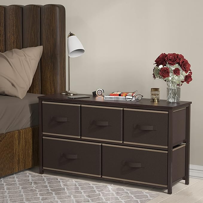 Simple Houseware Wide Dresser for Bedroom with 5 Storage Organizer Drawers, Brown