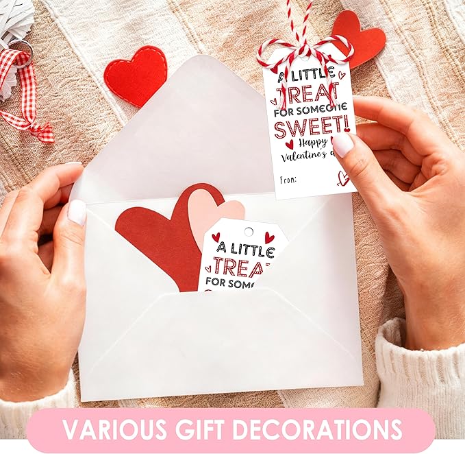 50Pcs Valentines Day Gift Sticker Tags - 3.5 x 2.1 in A Little Treat Happy Valentine Tags with String, Gift Label Idea Valentines Activity School Classroom Party Favors